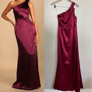 NWOT On the Guest List Burgundy Satin One-Shoulder Maxi Dress